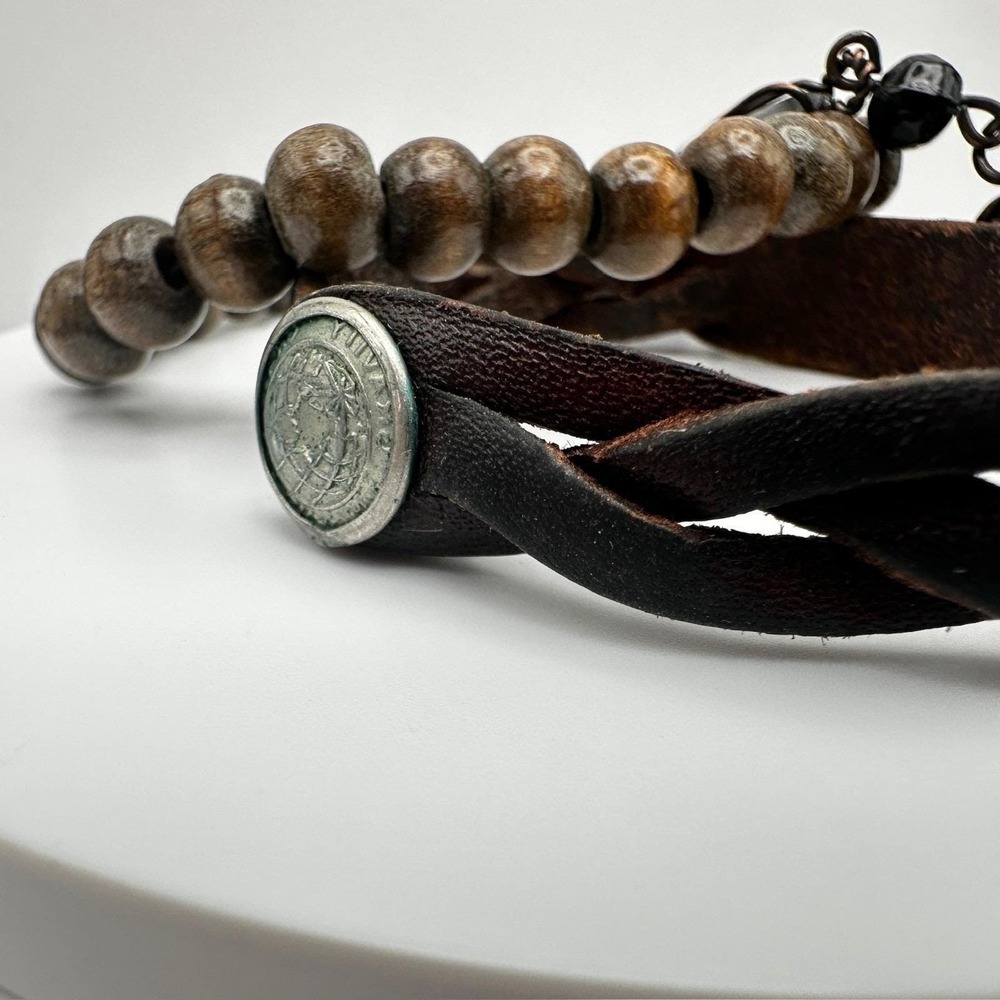 Vintage 80s Boho Layer Leather & Wood Bead Bracelets Wire-Wrapped Charms Jewelry - Picture 8 of 13